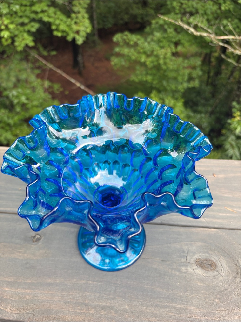 Fenton Blue Ruffled Compote - Picture 2 of 4